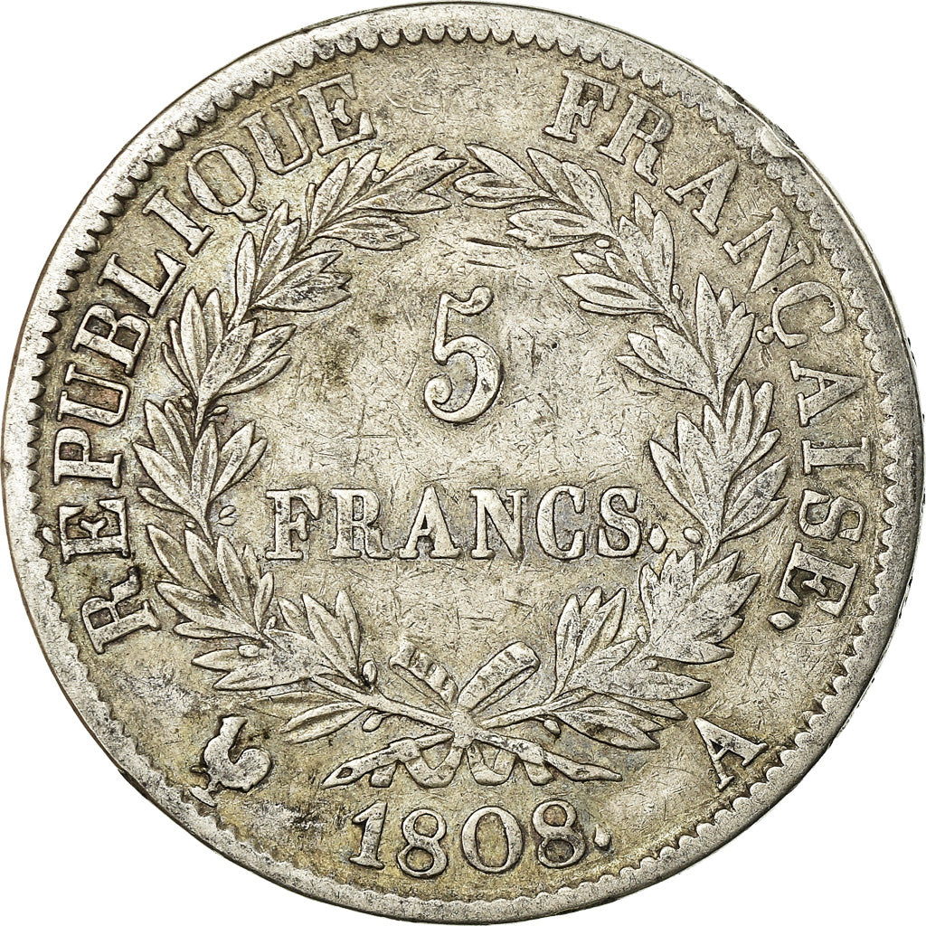 Coin, France, Napoléon I, 5 Francs, 1808, Paris, VF(30-35), Silver, KM:686.1