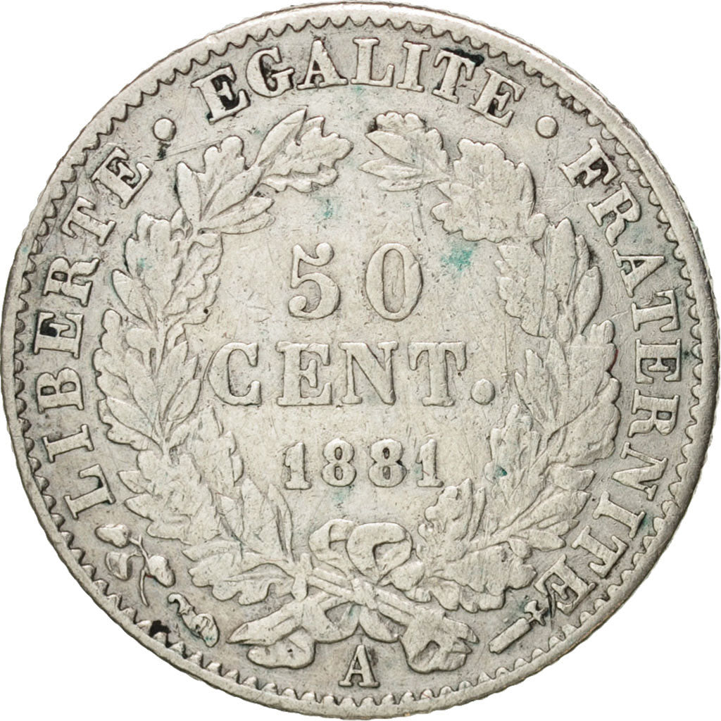 France, Cérès, 50 Centimes, 1881, Paris, Silver, KM:834.1