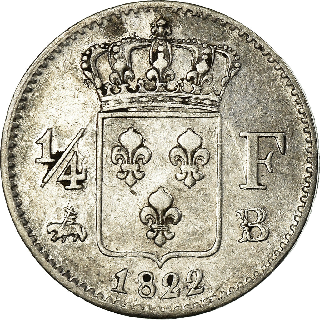 Munten, Frankrijk, Louis XVIII, Louis XVIII, 1/4 Franc, 1822, Rouen, ZF, Zilver