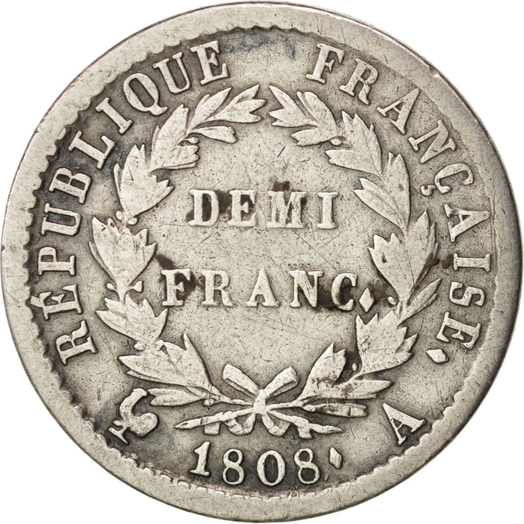 France, Napoléon I, 1/2 Franc, 1808, Paris, Silver, KM:680.1