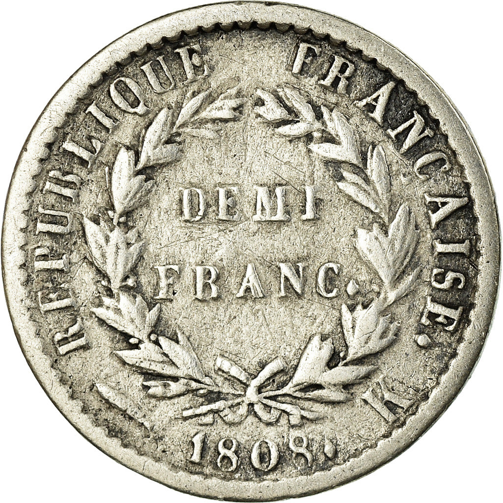 Monnaie, France, Napoléon I, 1/2 Franc, 1808, Bordeaux, TB, Argent, KM:680.7