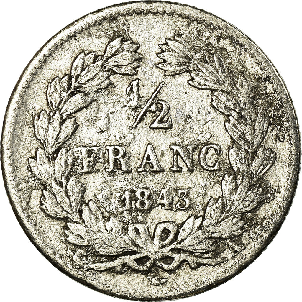 Moneta, Francia, Louis-Philippe, 1/2 Franc, 1843, Paris, B+, Argento, KM:741.1