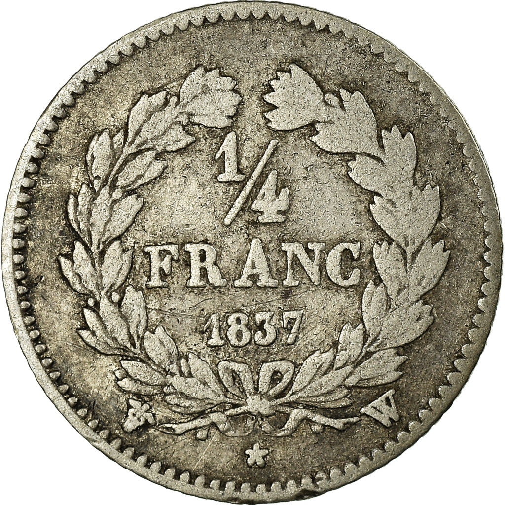 Moeda, França, Louis-Philippe, 1/4 Franc, 1837, Lille, VF(30-35), Prata