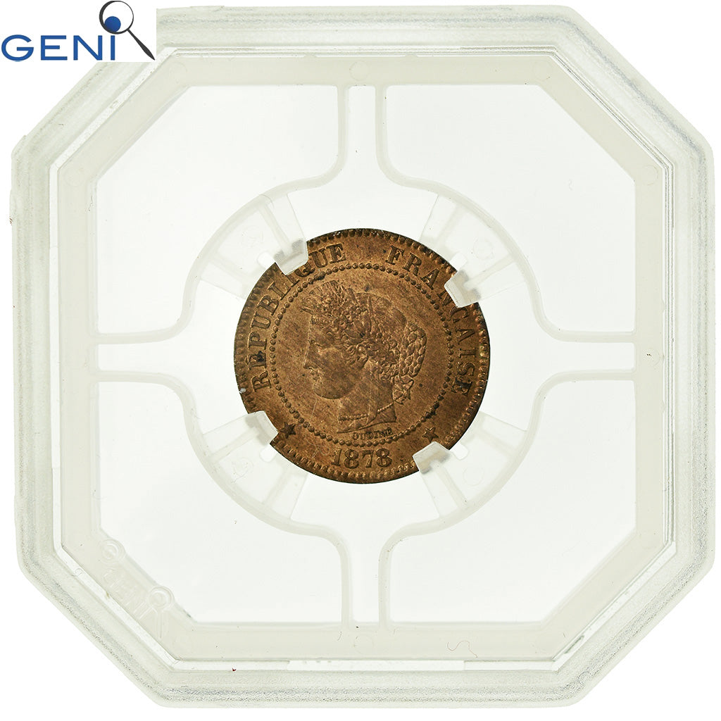 Moneda, Francia, 2 Centimes, 1878, Bordeaux, GENI, MS64RB, Bronce, graded