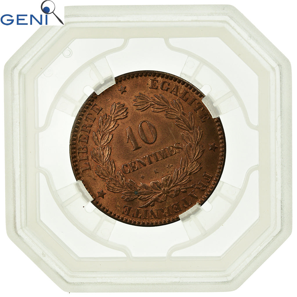 Coin, France, Cérès, 10 Centimes, 1872, Bordeaux, GENI, MS64RB, Bronze