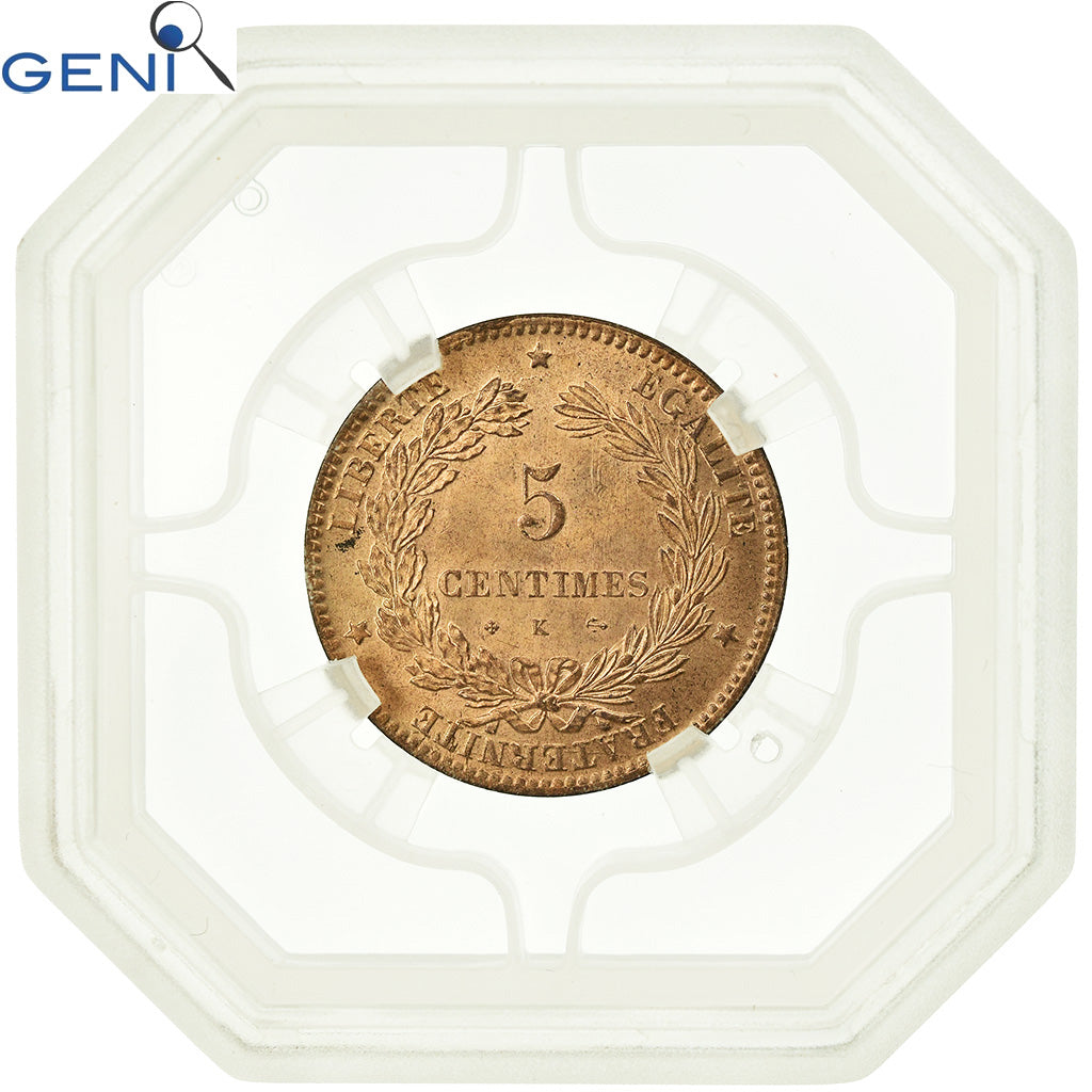 Coin, France, Cérès, 5 Centimes, 1873, Bordeaux, GENI, MS64RD, Bronze, graded
