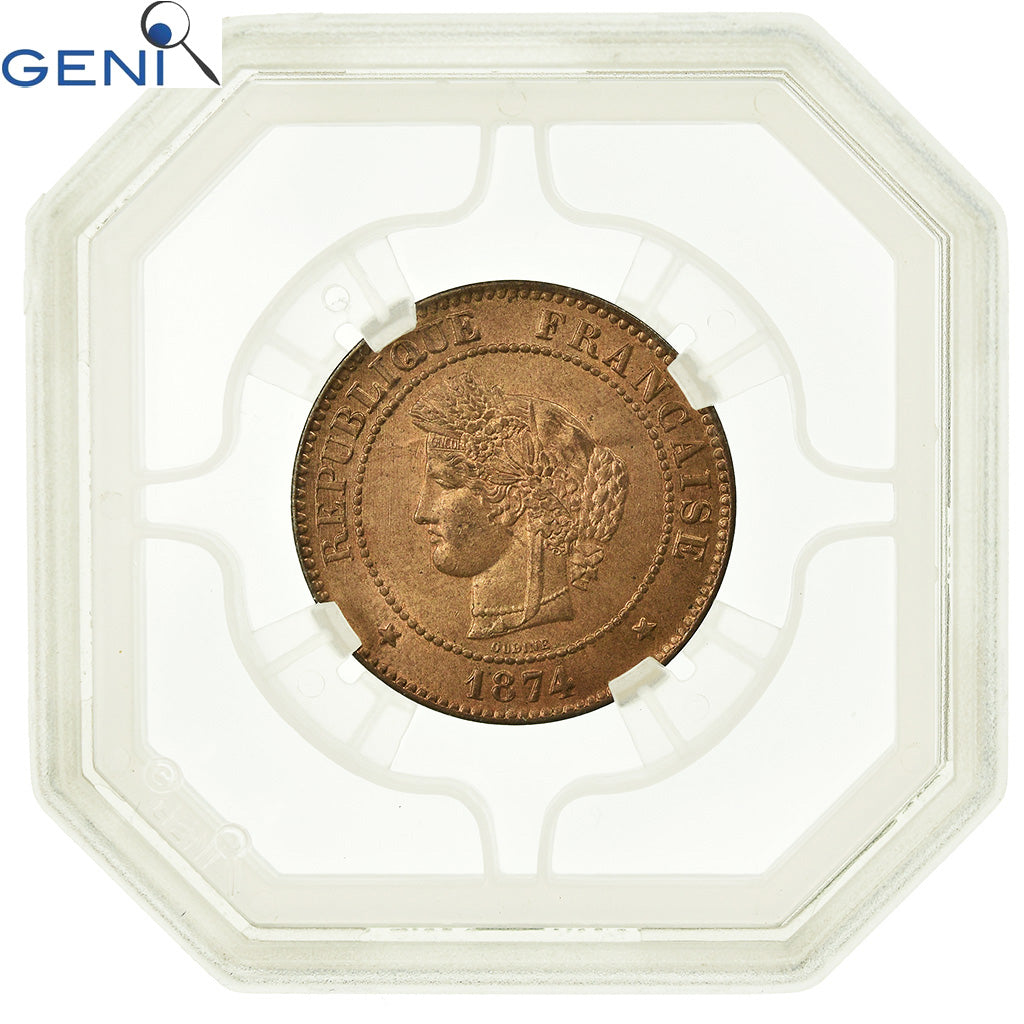 Moneda, Francia, Cérès, 5 Centimes, 1874, Bordeaux, GENI, MS65RD, Bronce