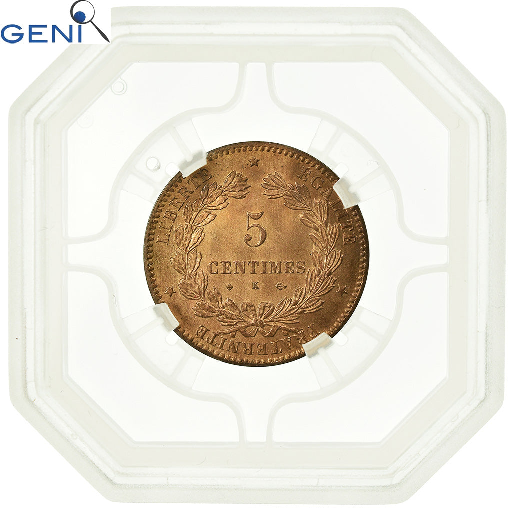 Monnaie, France, Cérès, 5 Centimes, 1877, Bordeaux, GENI, MS64RB, Bronze