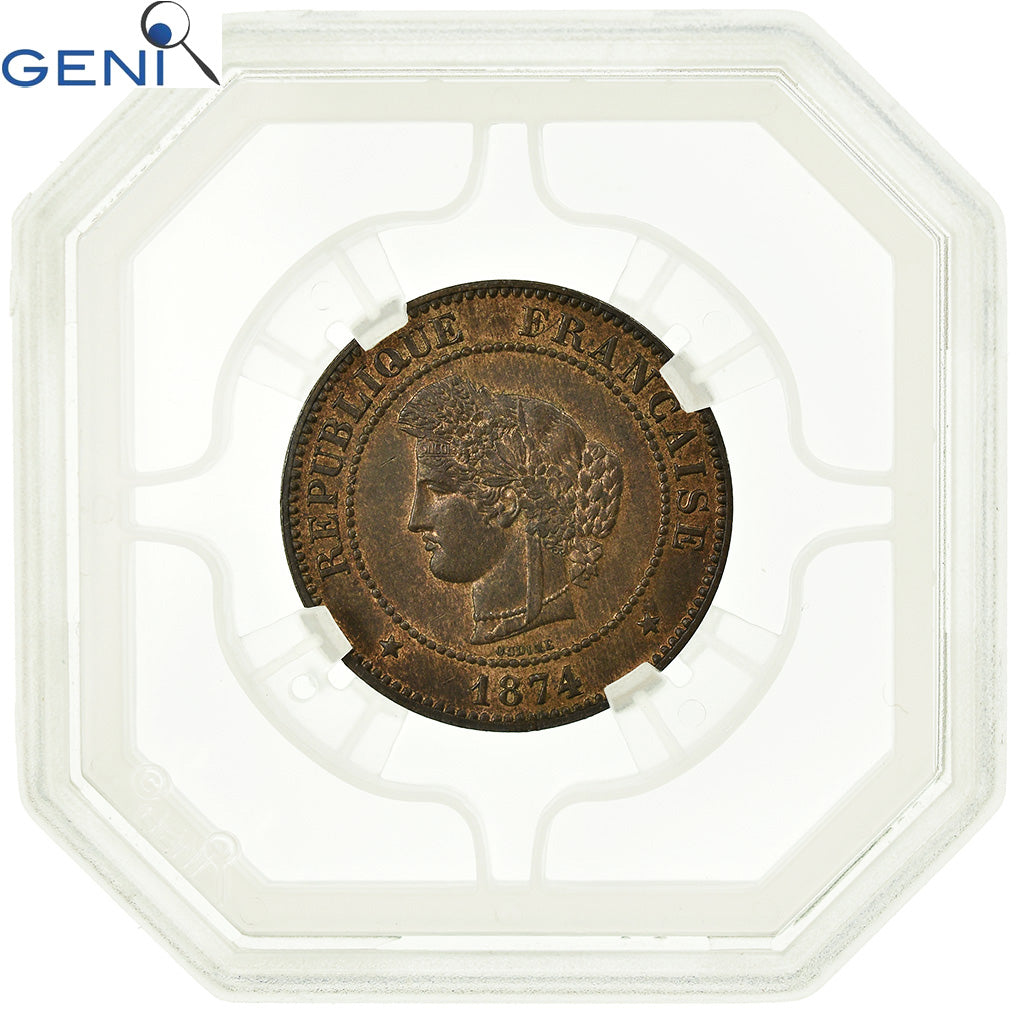Moneta, Francia, Cérès, 5 Centimes, 1874, Paris, GENI, MS62RB, Bronzo, graded