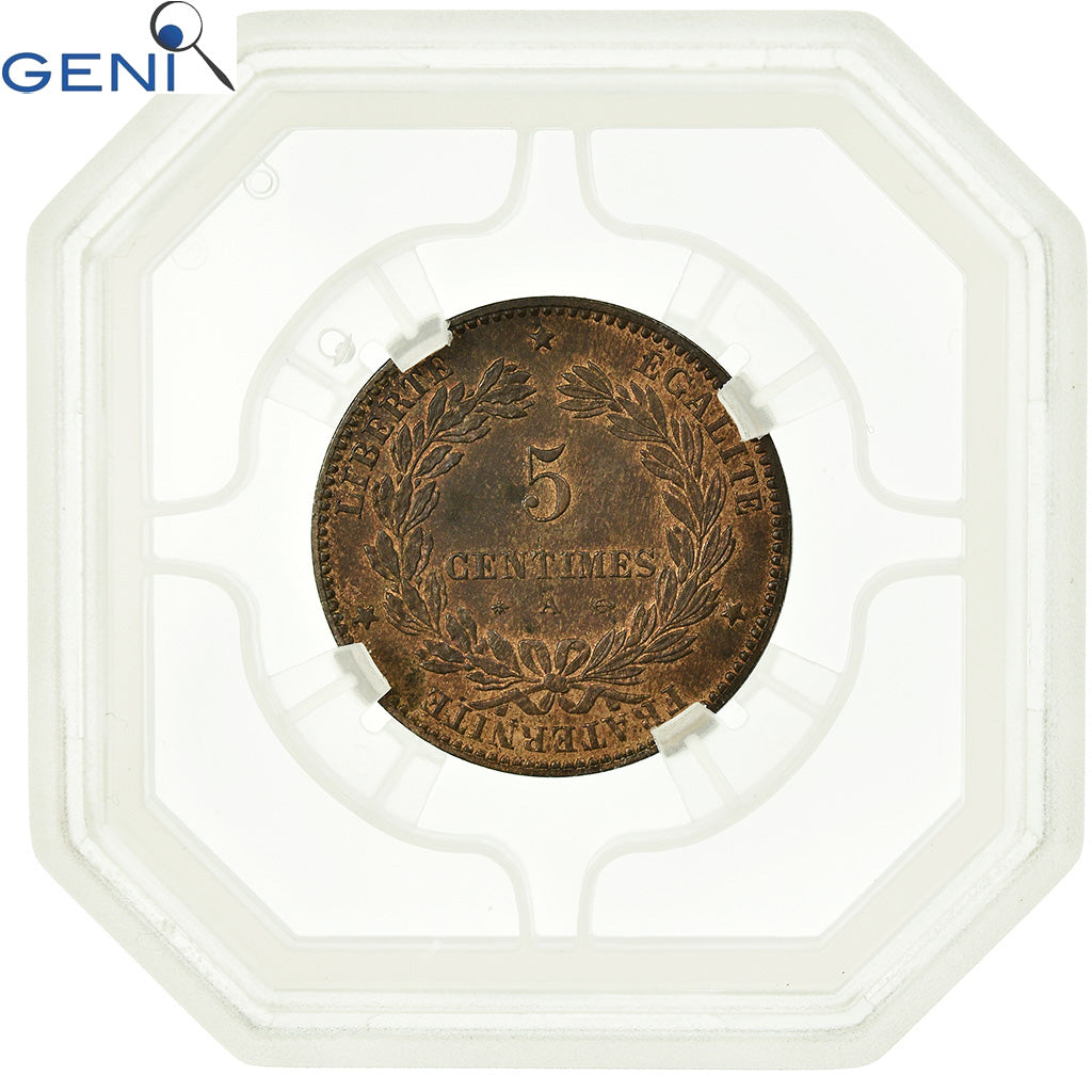 Moneta, Francia, Cérès, 5 Centimes, 1874, Paris, GENI, MS62RB, Bronzo, graded