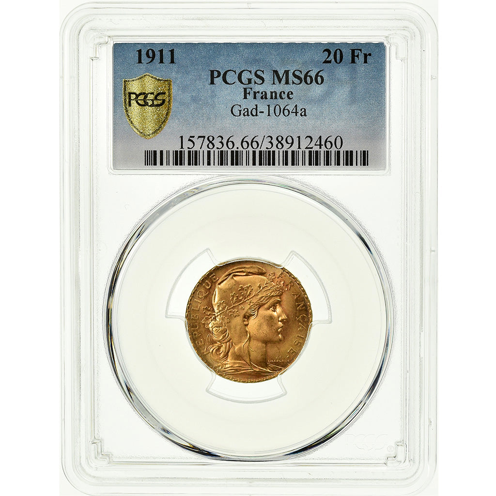 Coin, France, Marianne, 20 Francs, 1911, PCGS, MS66, Gold, KM:857, graded