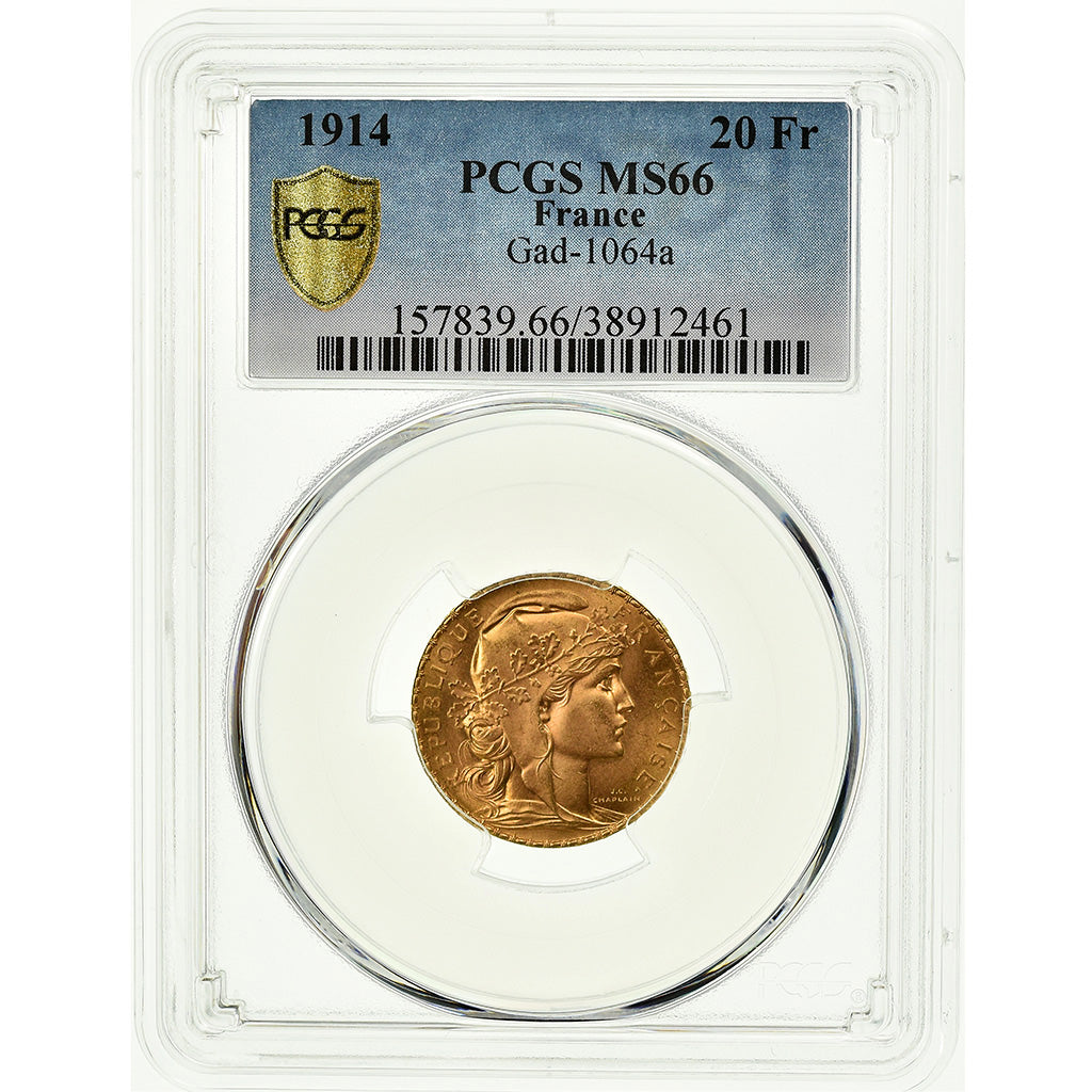 Coin, France, Marianne, 20 Francs, 1914, PCGS, MS66, Gold, KM:857, graded