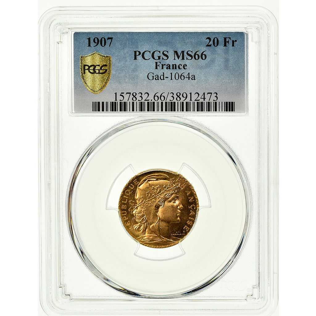 Moeda, França, Marianne, 20 Francs, 1907, Paris, PCGS, MS66, MS(65-70)
