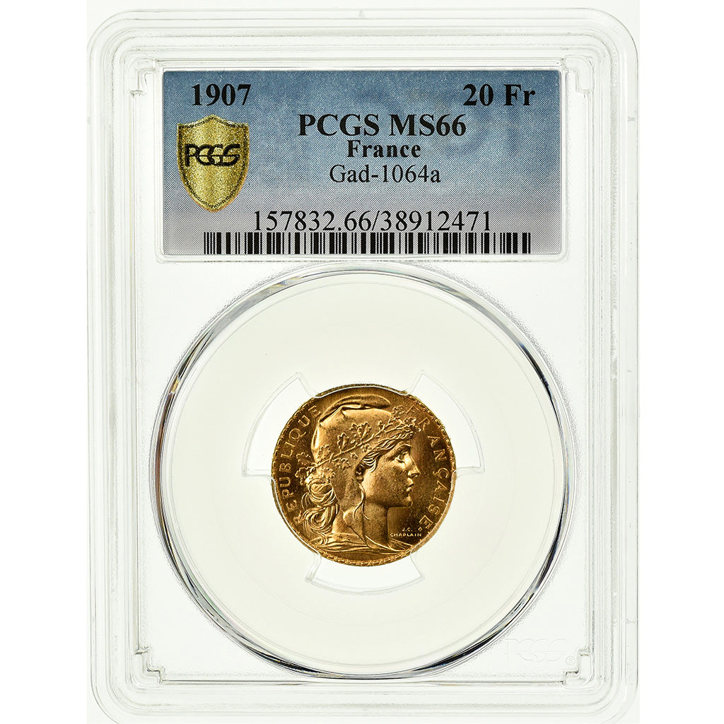 Coin, France, Marianne, 20 Francs, 1907, Paris, PCGS, MS66, MS(65-70), Gold
