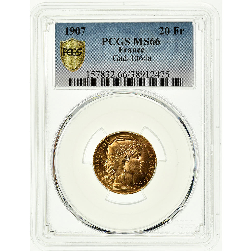 Coin, France, Marianne, 20 Francs, 1907, Paris, PCGS, MS66, MS(65-70), Gold