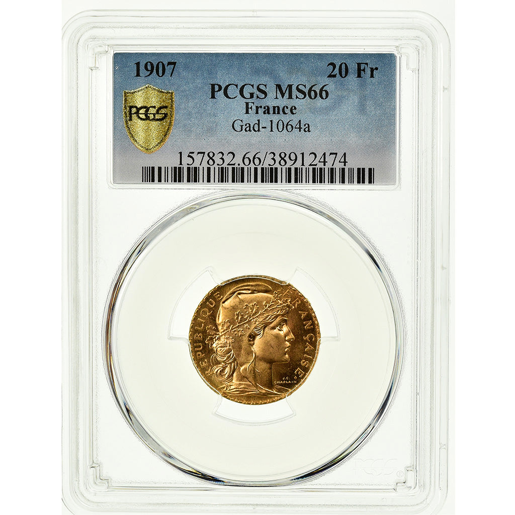 Coin, France, Marianne, 20 Francs, 1907, Paris, PCGS, MS66, MS(65-70), Gold