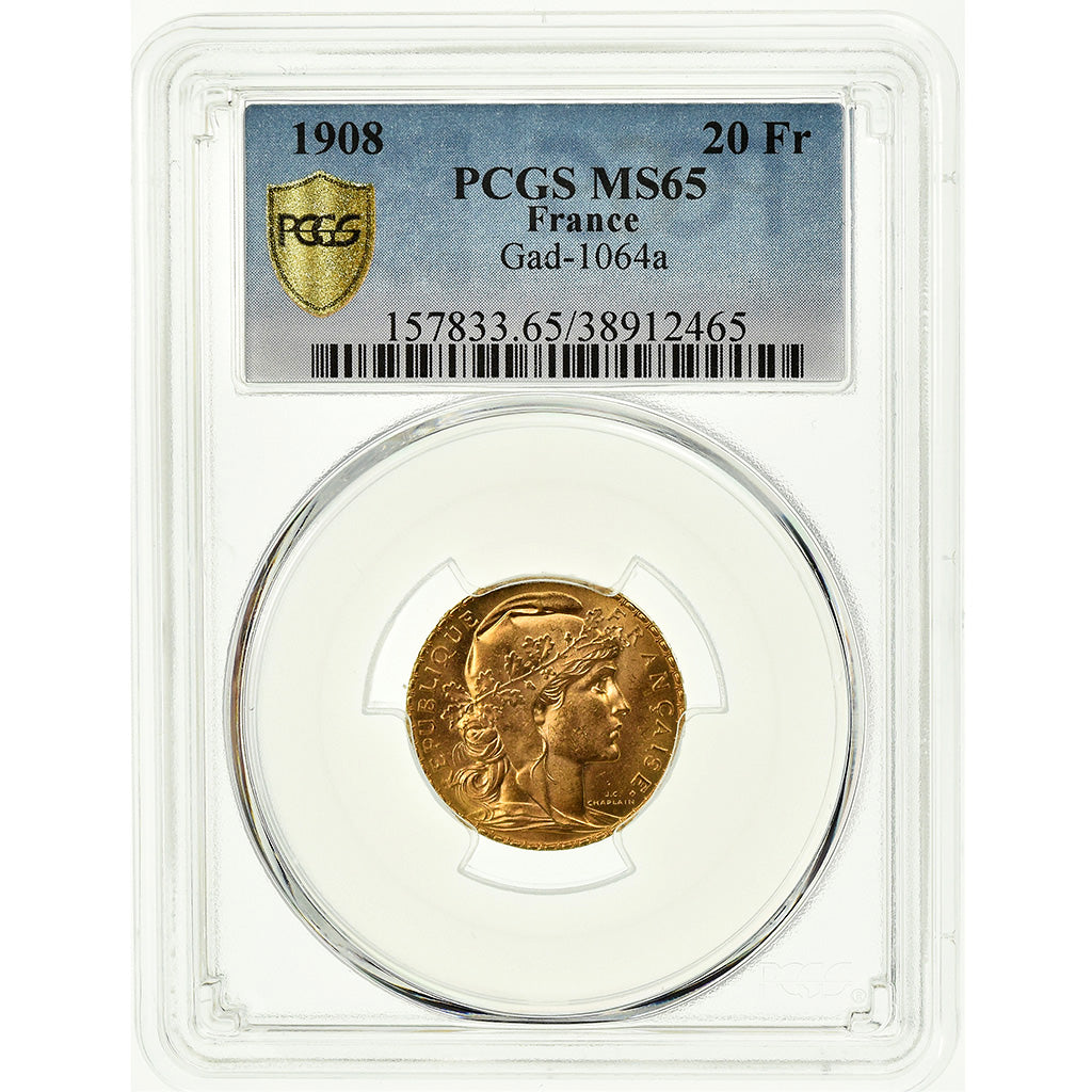 Coin, France, Marianne, 20 Francs, 1908, PCGS, MS65, Gold, KM:857, graded