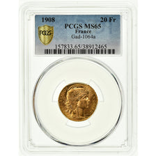 Coin, France, Marianne, 20 Francs, 1908, PCGS, MS65, Gold, KM:857, graded