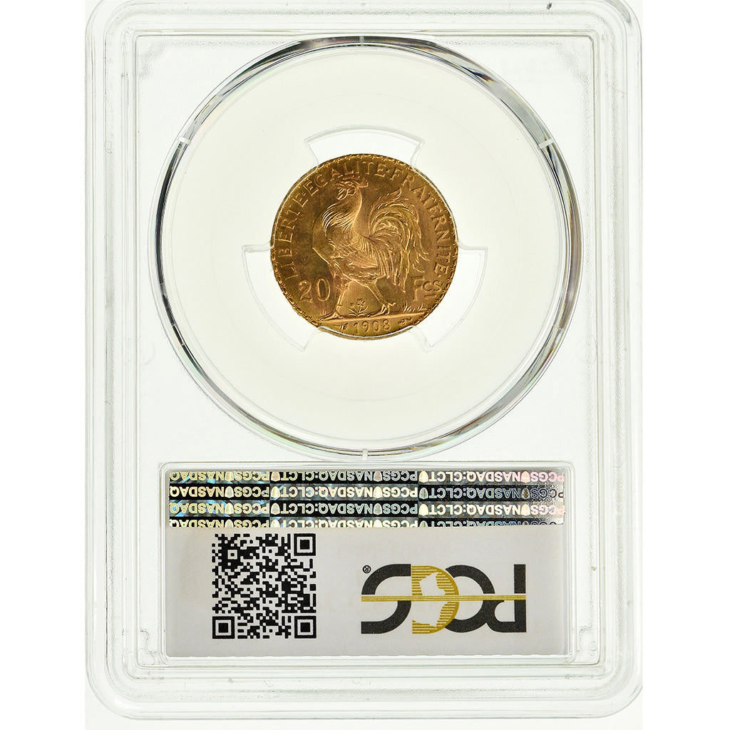 Coin, France, Marianne, 20 Francs, 1908, PCGS, MS65, Gold, KM:857, graded