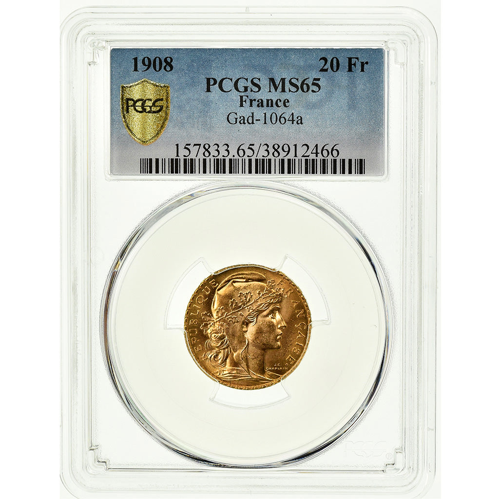 Coin, France, Marianne, 20 Francs, 1908, PCGS, MS65, Gold, KM:857, graded