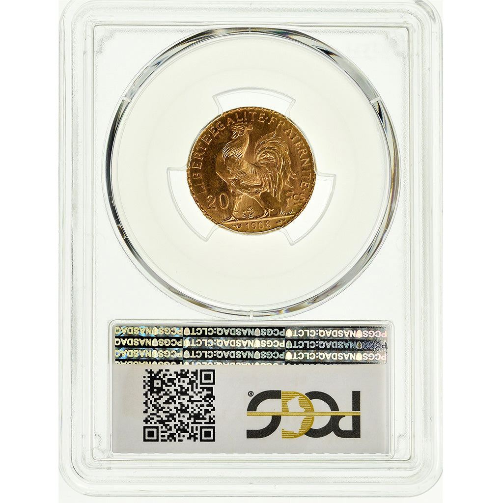 Coin, France, Marianne, 20 Francs, 1908, PCGS, MS65, Gold, KM:857, graded