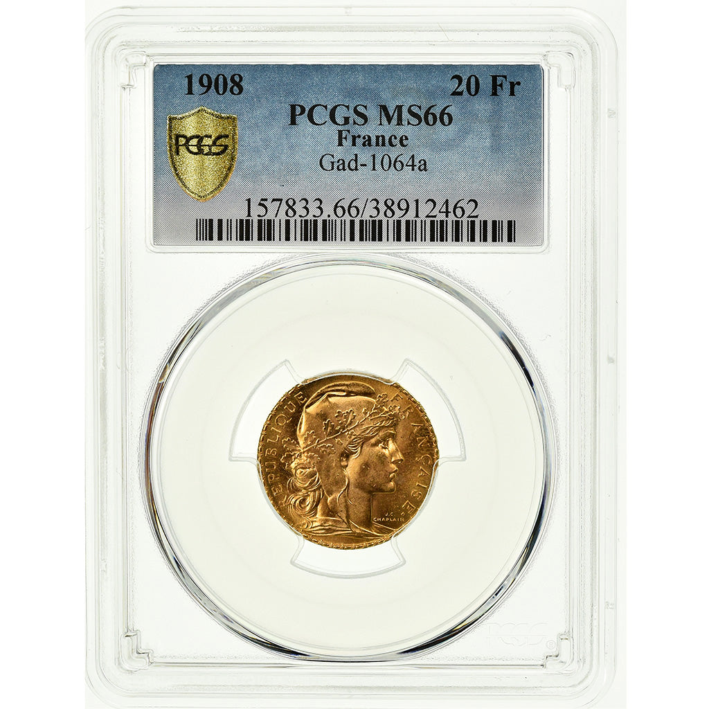 Monnaie, France, Marianne, 20 Francs, 1908, PCGS, MS66, Or, Gadoury:1064a