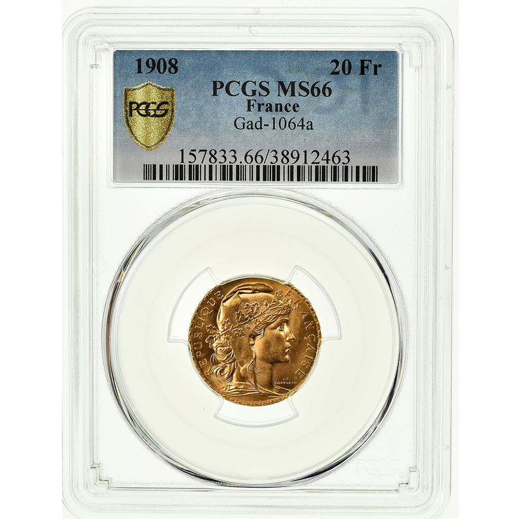 Monnaie, France, Marianne, 20 Francs, 1908, PCGS, MS66, Or, Gadoury:1064a