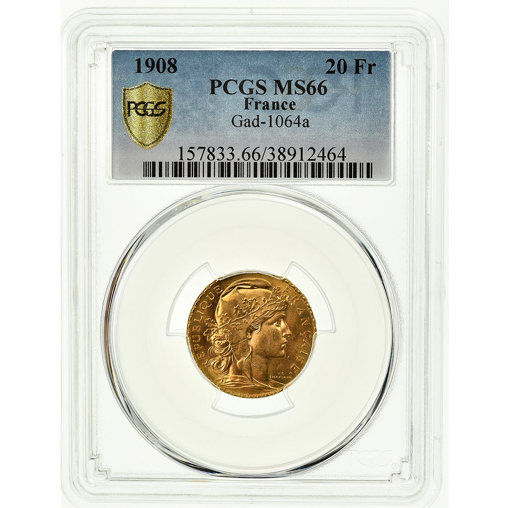 Coin, France, Marianne, 20 Francs, 1908, PCGS, MS66, Gold, KM:857, graded