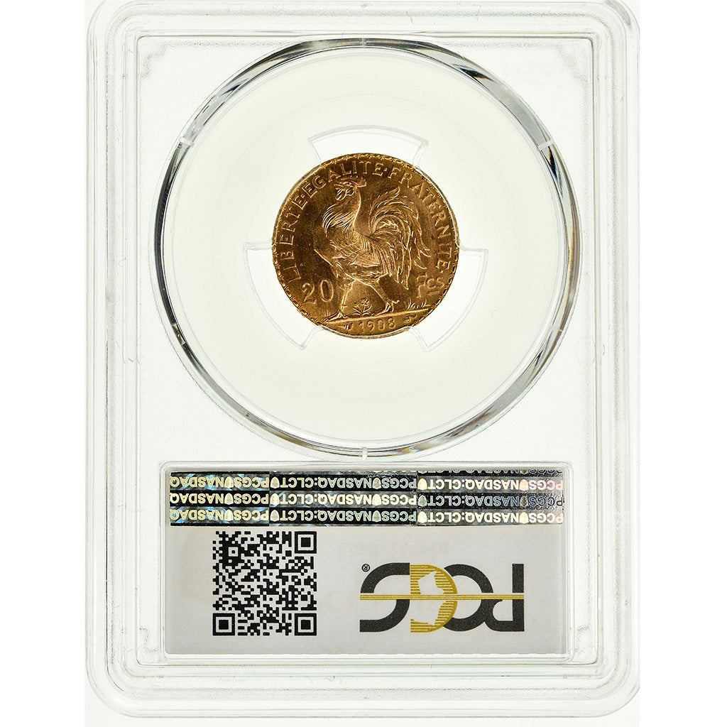 Coin, France, Marianne, 20 Francs, 1908, PCGS, MS66, Gold, KM:857, graded