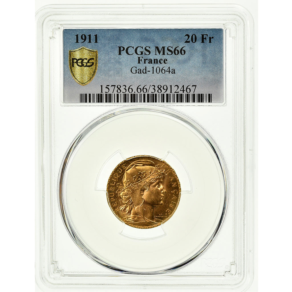 Coin, France, Marianne, 20 Francs, 1911, PCGS, MS66, Gold, KM:857, graded