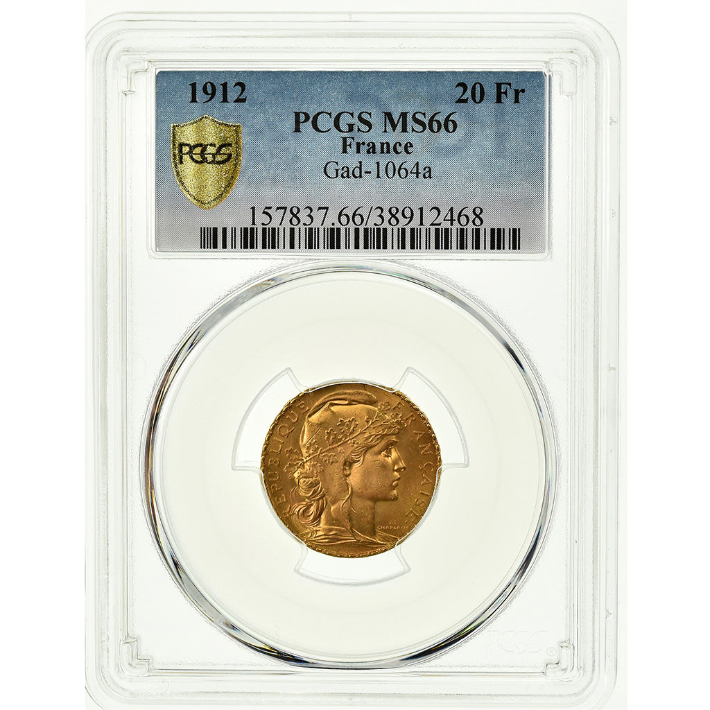 Coin, France, Marianne, 20 Francs, 1912, PCGS, MS66, Gold, KM:857, graded