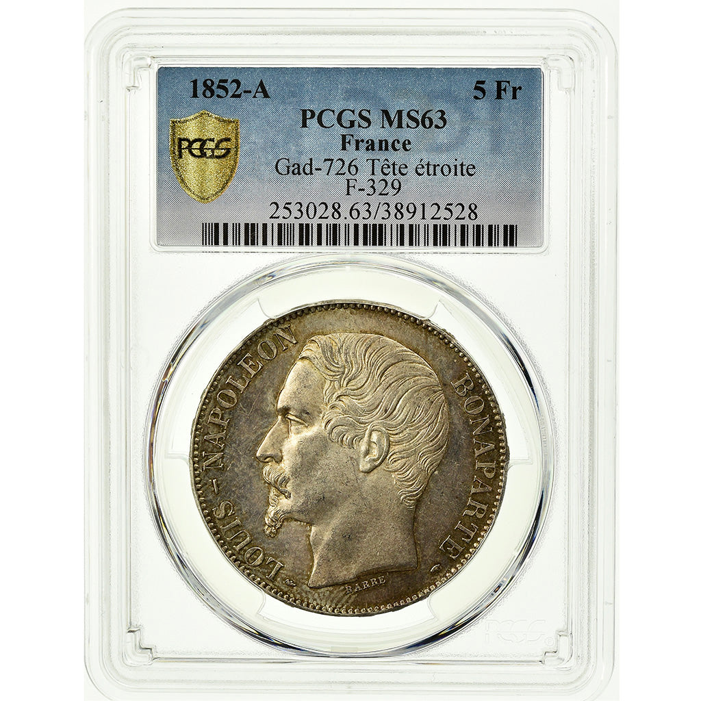 Coin, France, Napoléon III, 5 Francs, 1852, Paris, PCGS, MS63, Silver