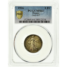 Coin, France, Semeuse, Franc, 1916, Paris, PCGS, MS64, Silver, KM:844.1, graded
