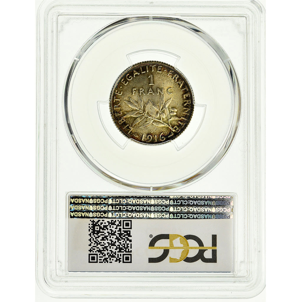 Coin, France, Semeuse, Franc, 1916, Paris, PCGS, MS64, Silver, KM:844.1, graded