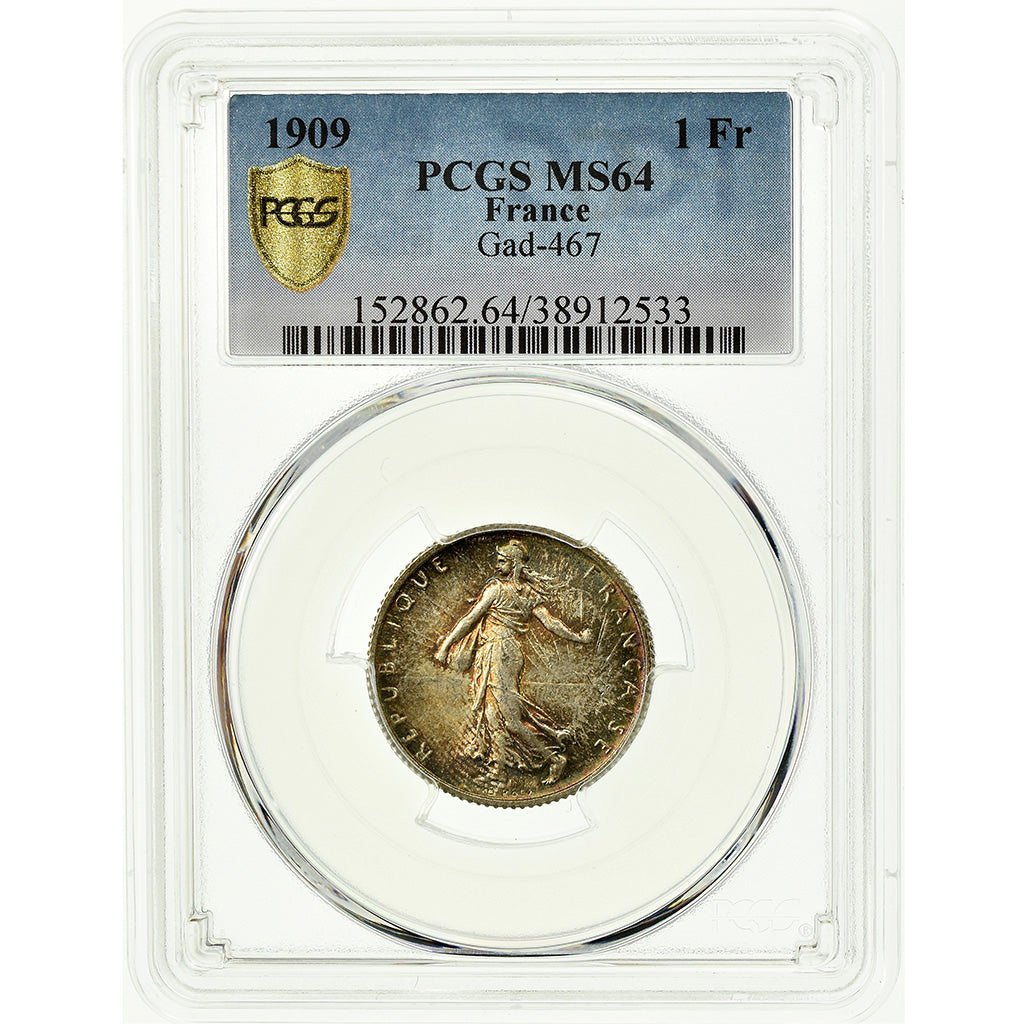 Coin, France, Semeuse, Franc, 1909, Paris, PCGS, MS64, Silver, KM:844.1, graded
