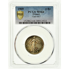 Coin, France, Semeuse, Franc, 1909, Paris, PCGS, MS64, Silver, KM:844.1, graded