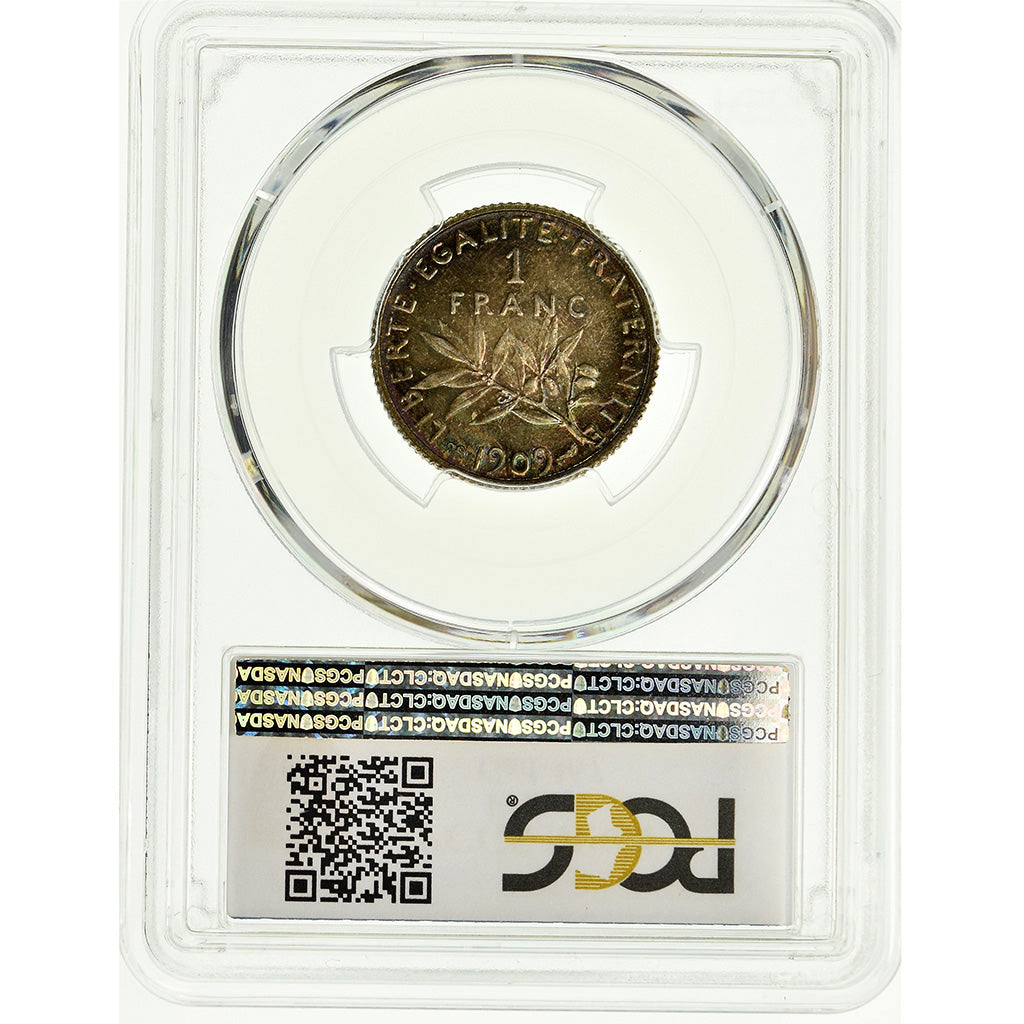 Coin, France, Semeuse, Franc, 1909, Paris, PCGS, MS64, Silver, KM:844.1, graded