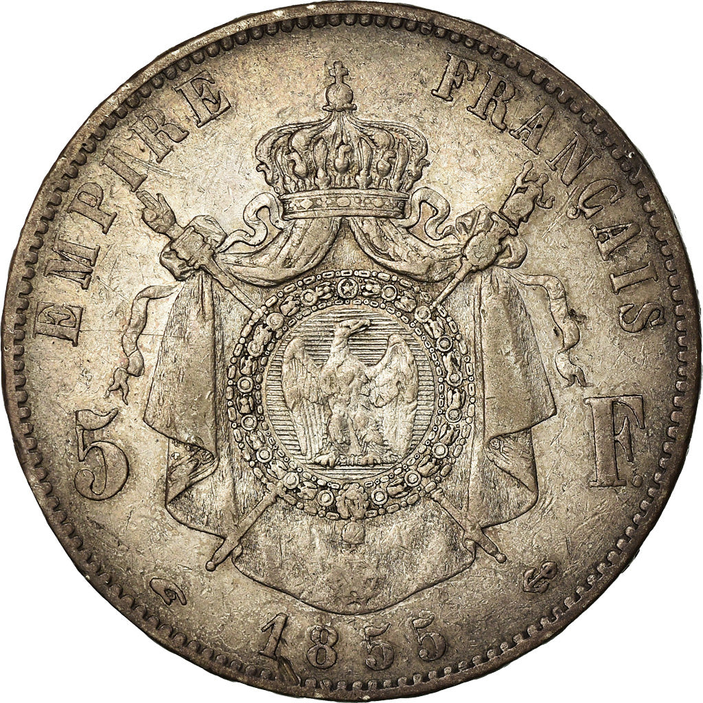 Moneda, Francia, Napoleon III, Napoléon III, 5 Francs, 1855, Paris, BC+, Plata