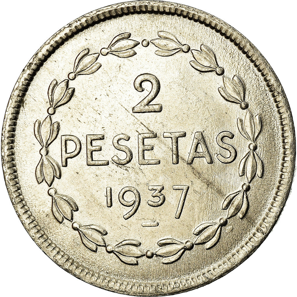 Coin, SPAIN CIVIL WAR, EUZKADI, 2 Pesetas, 1937, Brussels, MS(60-62), Nickel
