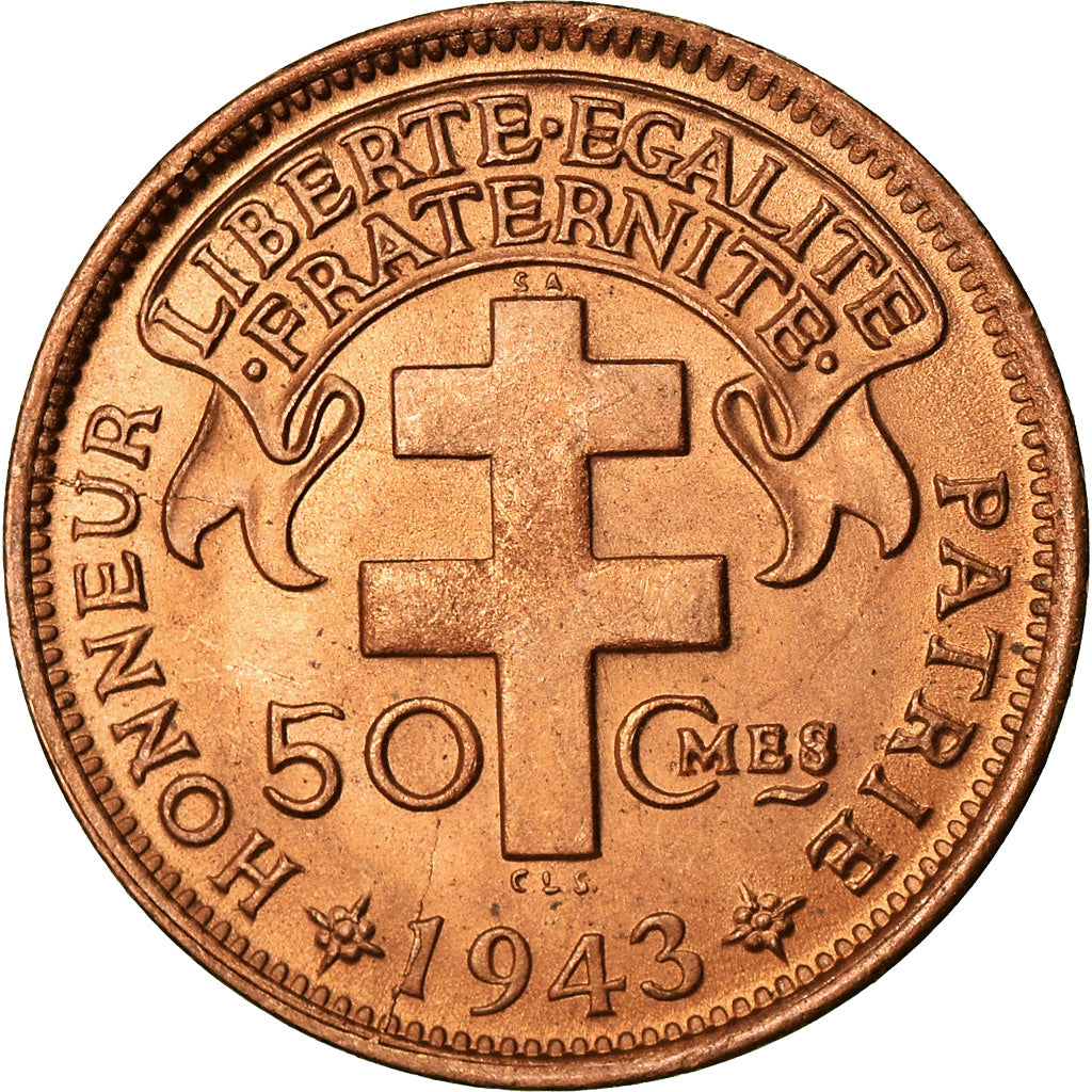 Coin, Cameroon, 50 Centimes, 1943, Pretoria, MS(63), Bronze, KM:6
