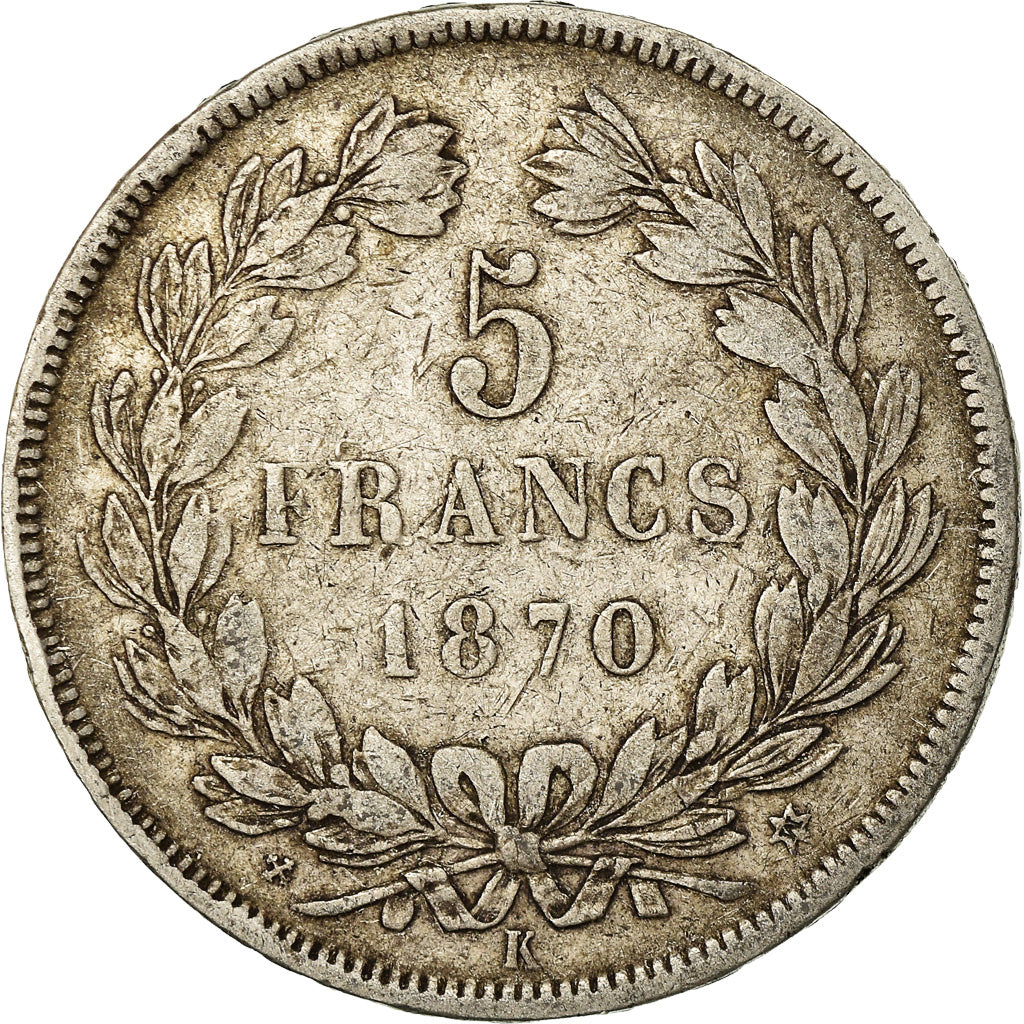 Moneda, Francia, Cérès, 5 Francs, 1870, Bordeaux, BC+, Plata, KM:818.4