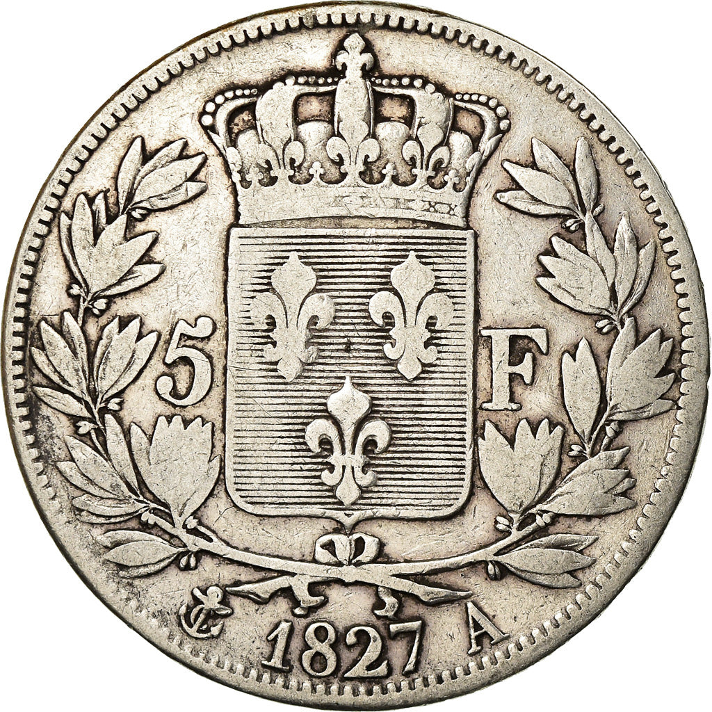 Coin, France, Charles X, 5 Francs, 1827, Paris, VF(30-35), Silver, KM:728.1