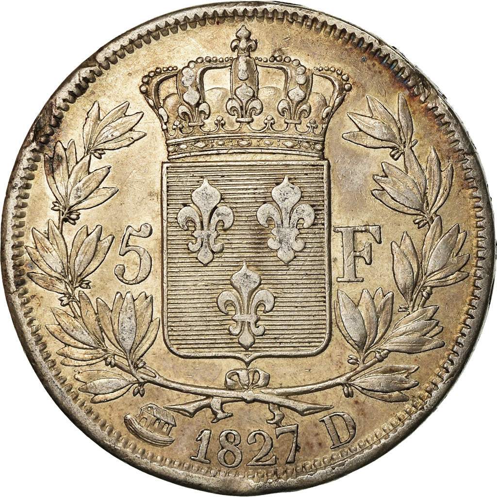Coin, France, Charles X, 5 Francs, 1827, Lyon, EF(40-45), Silver, KM:728.4