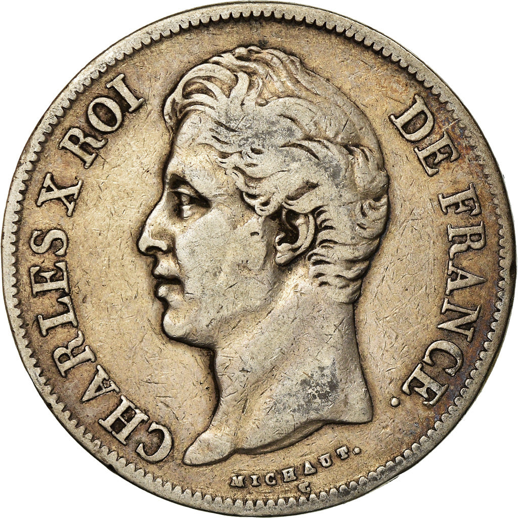 Coin, France, Charles X, 5 Francs, 1827, La Rochelle, VF(30-35), Silver