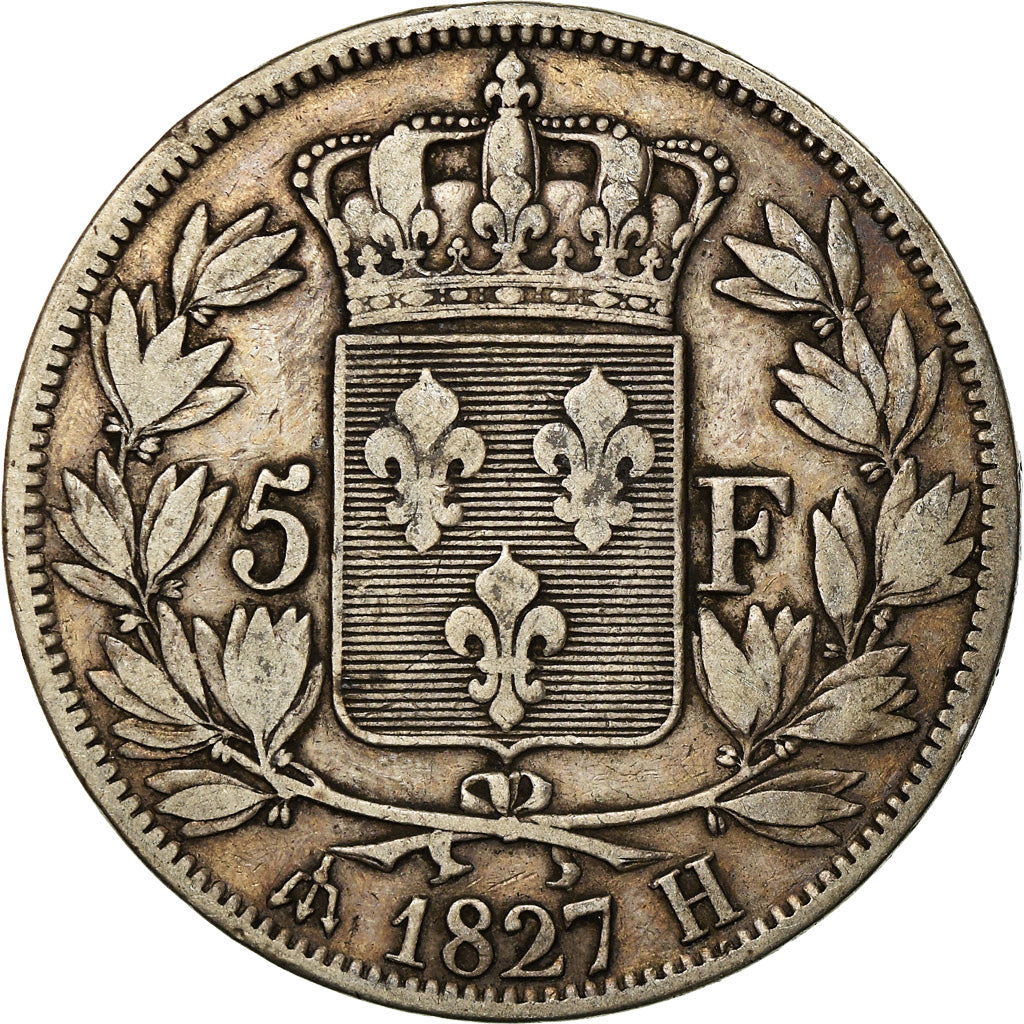 Coin, France, Charles X, 5 Francs, 1827, La Rochelle, VF(30-35), Silver