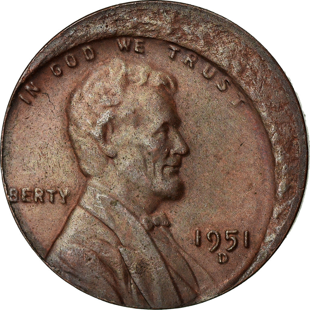 Coin, United States, Lincoln Cent, Cent, 1951, U.S. Mint, Denver, Off Center