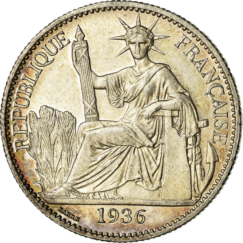 Coin, FRENCH INDO-CHINA, 50 Cents, 1936, Paris, MS(60-62), Silver, KM:4a.2