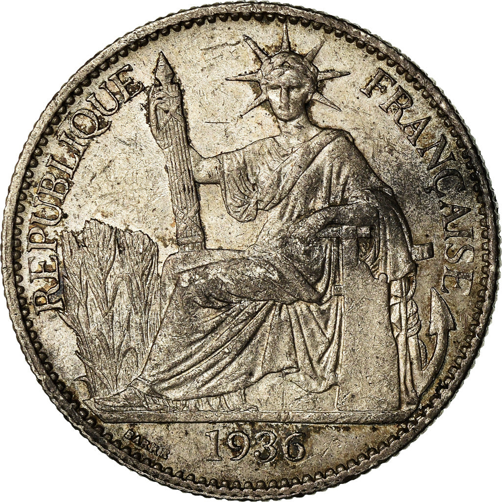 Moneda, INDOCHINA FRANCESA, 50 Cents, 1936, Paris, MBC+, Plata, KM:4a.2