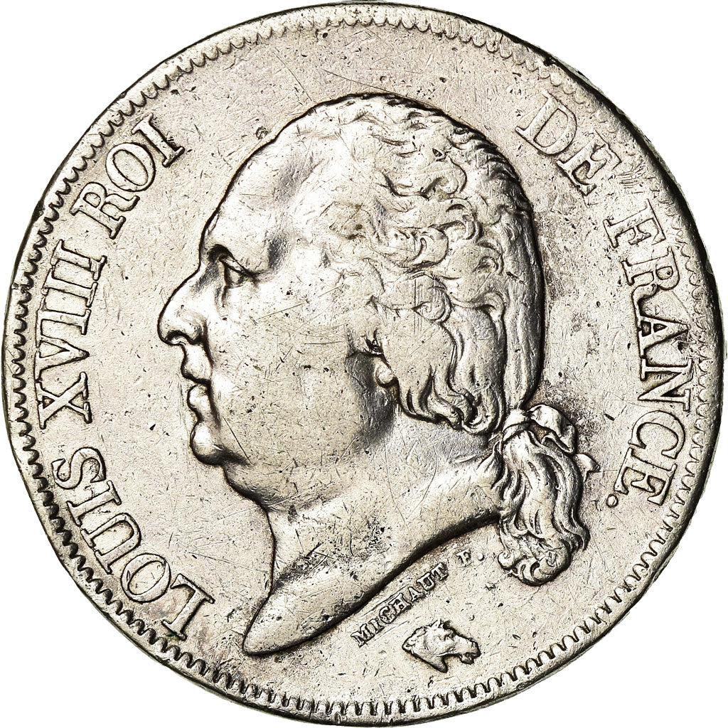 Moneda, Francia, Louis XVIII, Louis XVIII, 5 Francs, 1818, Rouen, BC+, Plata