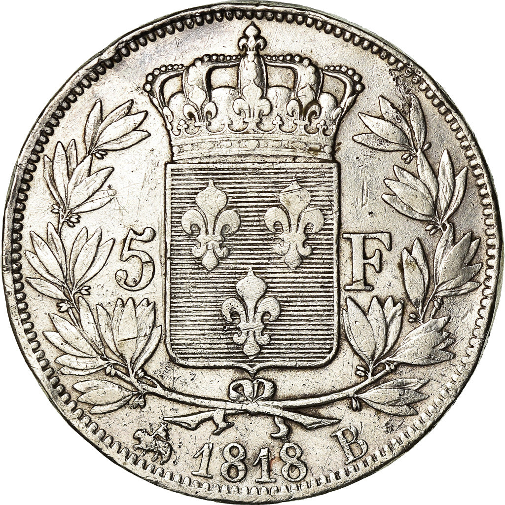 Moneda, Francia, Louis XVIII, Louis XVIII, 5 Francs, 1818, Rouen, BC+, Plata